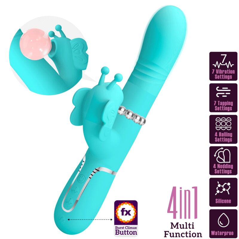 PRETTY LOVE - VIBRATORE MULTIFUNZIONE RABBIT 4 IN 1 FARFALLA VERDE ACQUA